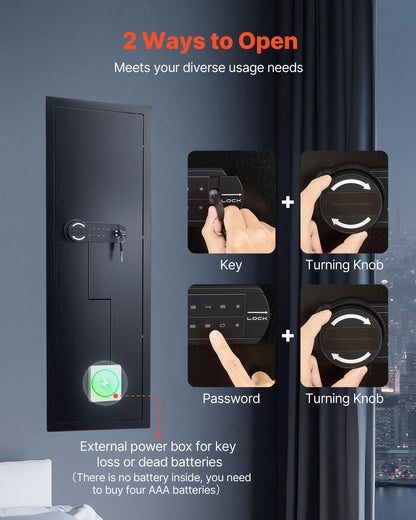 Wall Safe, 4-Tier Hidden Wall Mounted Gun Safe with Password & Key, Q235 Cold-Rolled Steel In-Wall Box with LED Lighting, 3 Adjustable Shelves & Key Holders for Money, Jewelry, Passport, Black