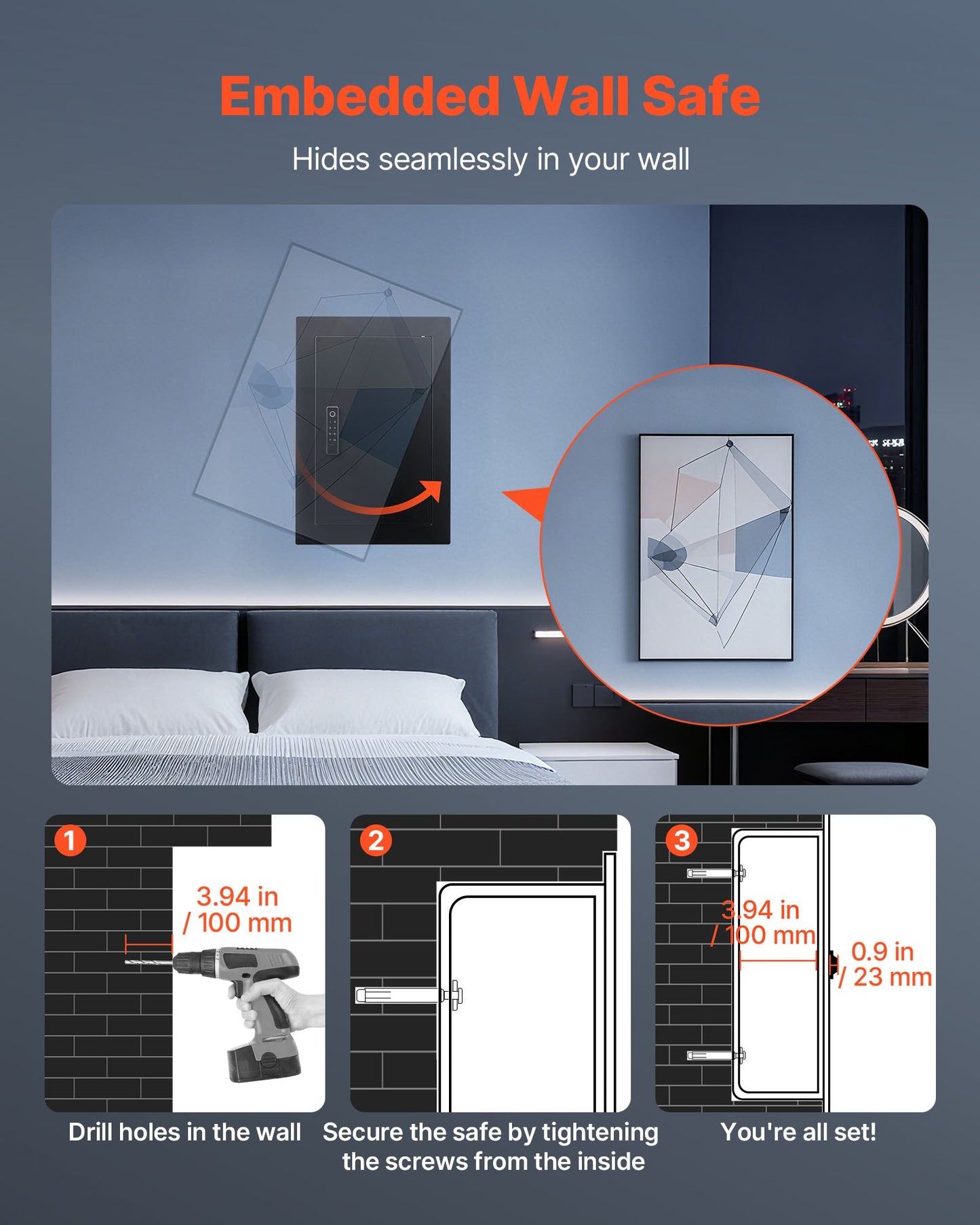Wall Safe, 3-Tier Hidden Wall Safe with Fingerprint, Password, Key & Turning Knob, Q235 Cold-Rolled Steel In-Wall Box with Adjustable Shelves & Key Holders for Money, Jewelry, Passport, Document