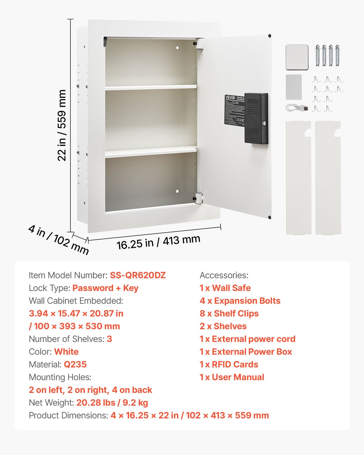 0.83 sq.ft Wall Safe, 3-Tier Hidden Wall Safe with Password, Key & Turning Knob, Q235 Cold-Rolled Steel In-Wall Box with Adjustable Shelves & Mounting Holes for Money, Jewelry, Passport, White