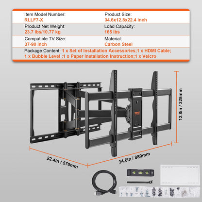 Full Motion TV Wall Mount for 0.9-2.3m TVs, Swivel Tilt, 75 kg Capacity