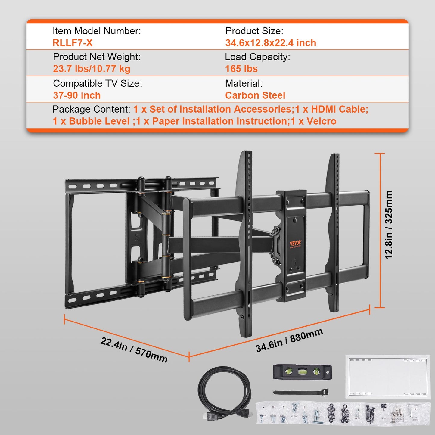 VEVOR Full Motion TV Mount Fits for Most 37-90 inch TVs, Swivel Tilt Horizontal