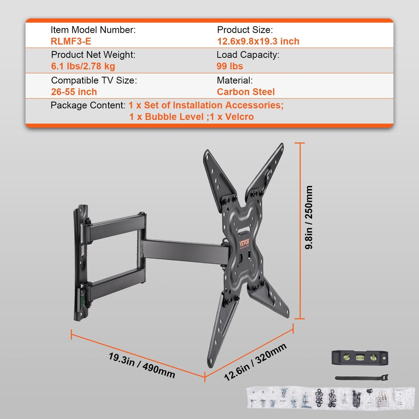 Full Motion TV Wall Mount for 0.66-1.39m TVs, Swivel Tilt, Holds Up to 45 kg