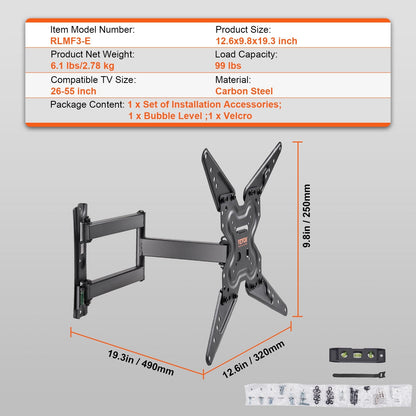 Full Motion TV Wall Mount for 0.66-1.39m TVs, Swivel Tilt, Holds Up to 45 kg