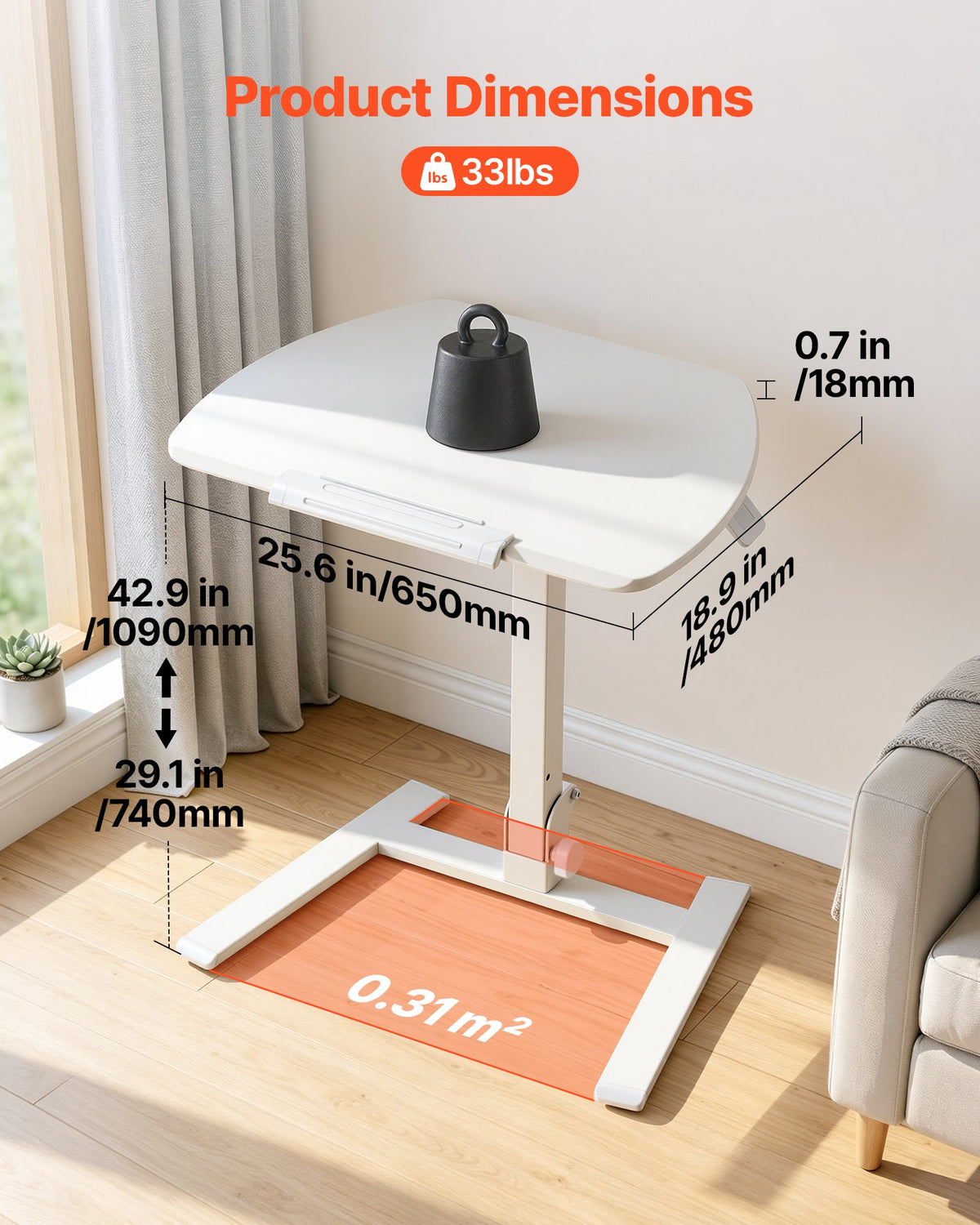 Standing Desk, Adjustable Height Mobile Stand Up Desk with Tilting Desktop, 650 x 480 mm Small Computer Sit Stand Workstation, 15 kg Capacity, Pneumatic Lift for Home Office, Fully Assembled