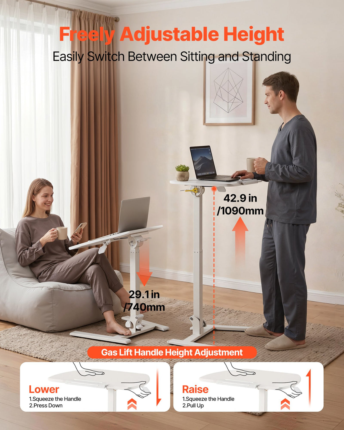 Standing Desk, Adjustable Height Mobile Stand Up Desk with Tilting Desktop, 650 x 480 mm Small Computer Sit Stand Workstation, 15 kg Capacity, Pneumatic Lift for Home Office, Fully Assembled