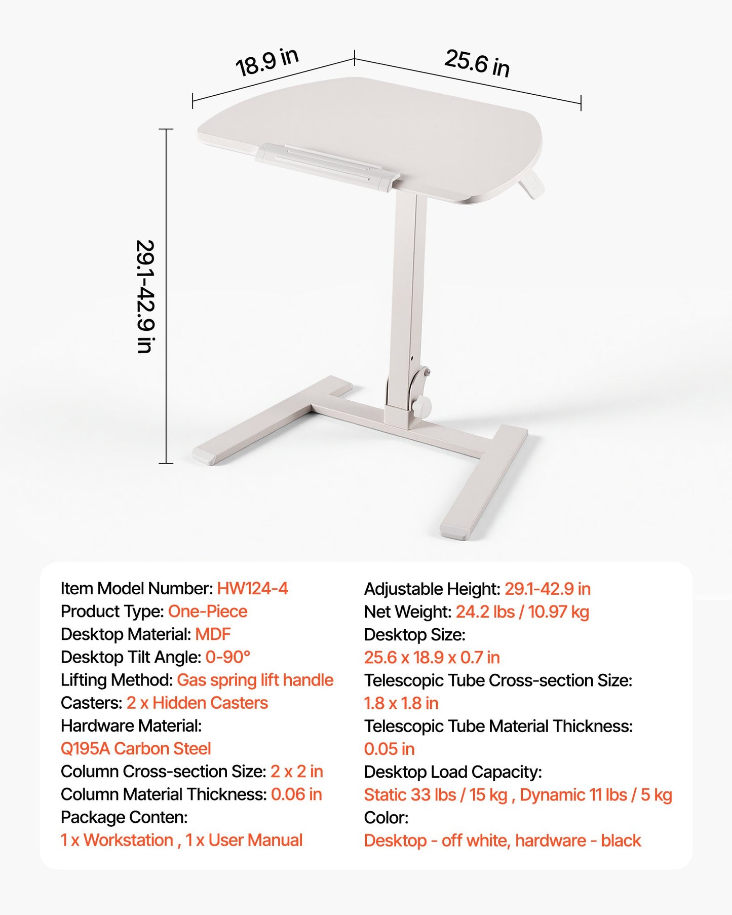 Standing Desk, Adjustable Height Mobile Stand Up Desk with Tilting Desktop, 650 x 480 mm Small Computer Sit Stand Workstation, 15 kg Capacity, Pneumatic Lift for Home Office, Fully Assembled