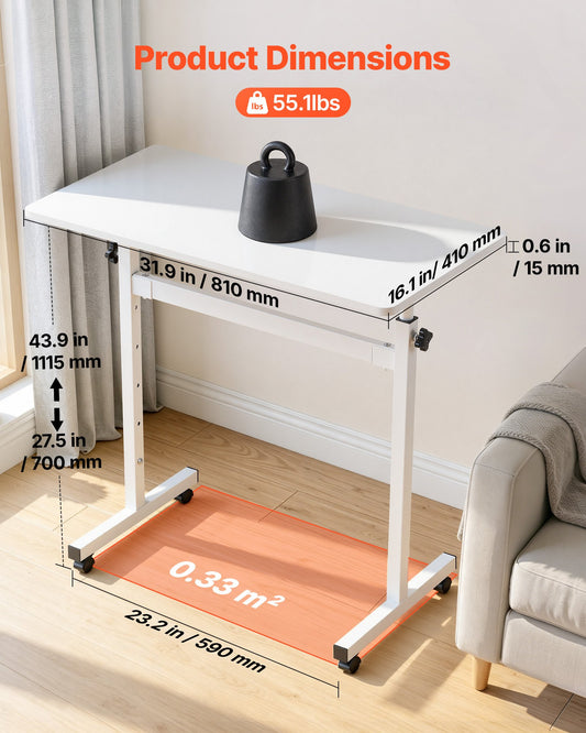 Standing Desk, Adjustable Height Mobile Stand Up Desk with Lockable Casters, 810 x 410 mm Small Computer Sit Stand Rolling Workstation with Hook, 25 kg Desktop Capacity, for Home Office, White