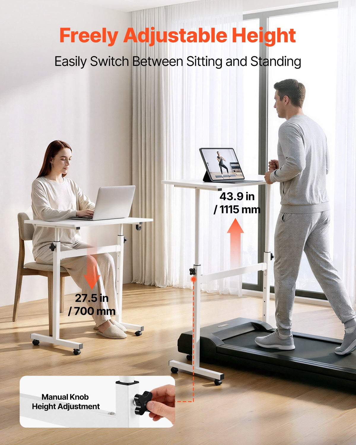 Standing Desk, Adjustable Height Mobile Stand Up Desk with Lockable Casters, 810 x 410 mm Small Computer Sit Stand Rolling Workstation with Hook, 25 kg Desktop Capacity, for Home Office, White