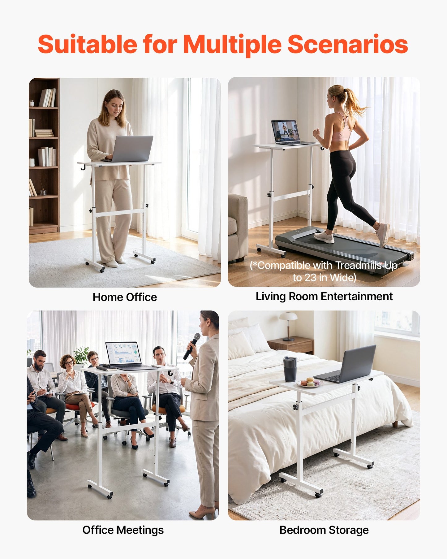 Standing Desk, Adjustable Height Mobile Stand Up Desk with Lockable Casters, 810 x 410 mm Small Computer Sit Stand Rolling Workstation with Hook, 25 kg Desktop Capacity, for Home Office, White