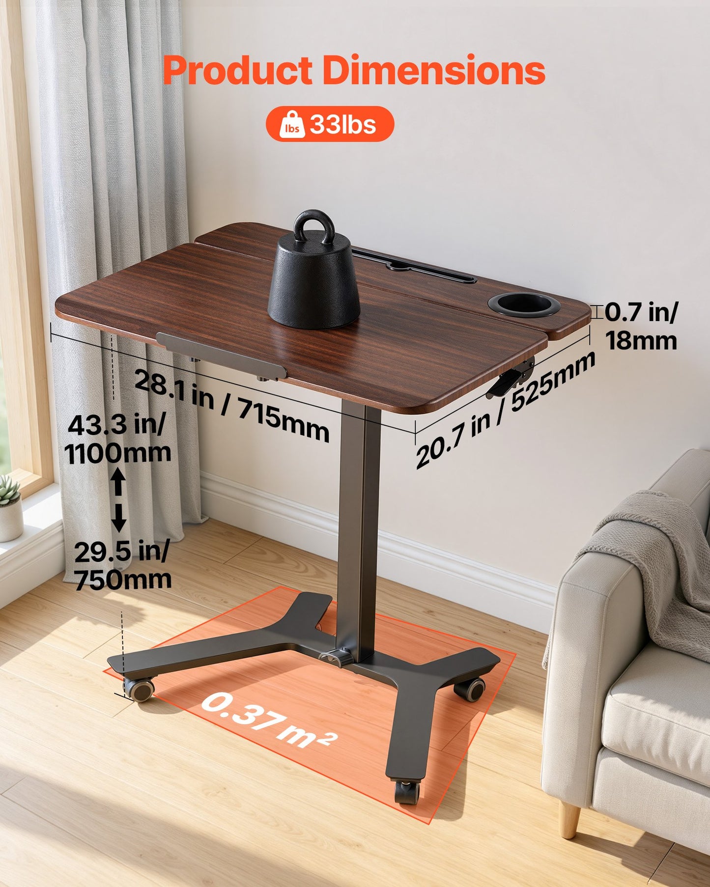 Standing Desk, Adjustable Height Mobile Stand Up Desk with Tilting Desktop, 715 x 525 mm Small Computer Sit Stand Workstation, 15 kg Load Capacity, Foot Pedal Pneumatic Lift for Home, Office