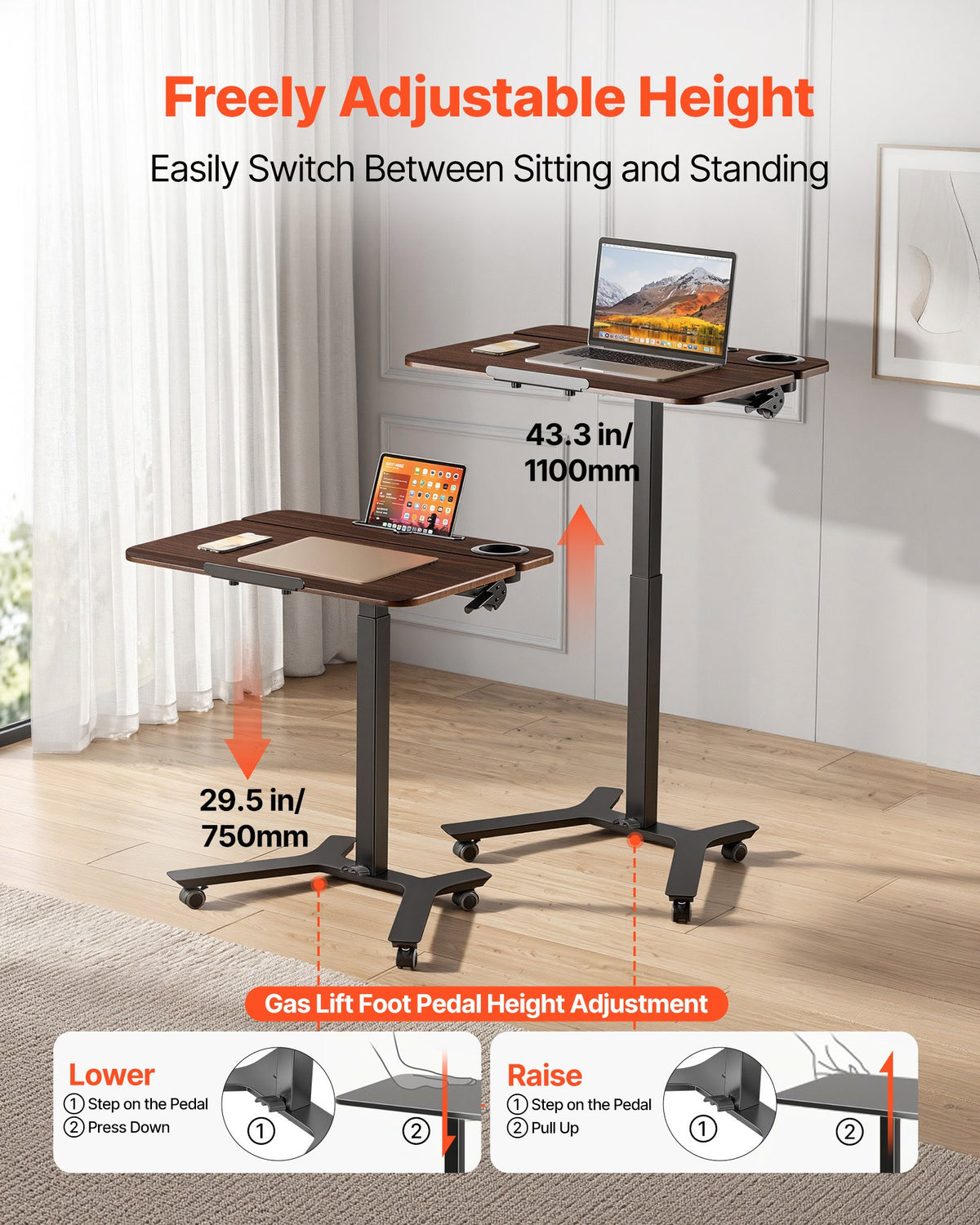 Standing Desk, Adjustable Height Mobile Stand Up Desk with Tilting Desktop, 715 x 525 mm Small Computer Sit Stand Workstation, 15 kg Load Capacity, Foot Pedal Pneumatic Lift for Home, Office