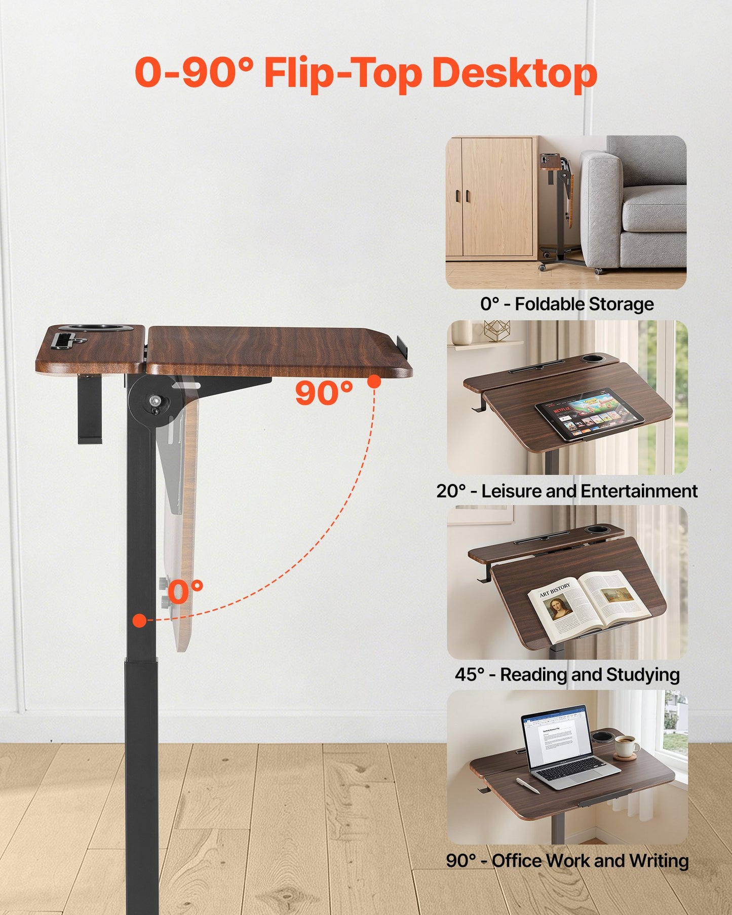 Standing Desk, Adjustable Height Mobile Stand Up Desk with Tilting Desktop, 715 x 525 mm Small Computer Sit Stand Workstation, 15 kg Load Capacity, Foot Pedal Pneumatic Lift for Home, Office