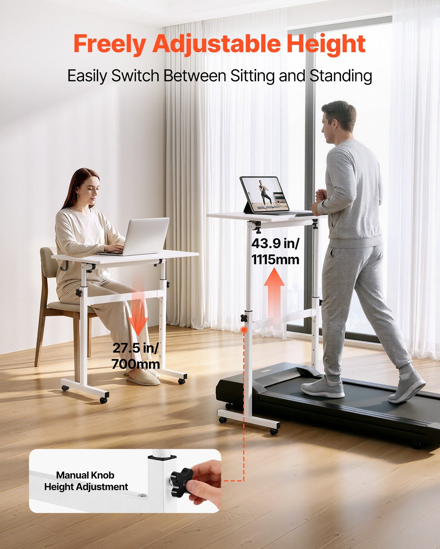 Standing Desk, Adjustable Height Mobile Stand Up Desk 360° Tilting Desktop, 810 x 410 mm Small Computer Sit Stand Rolling Workstation w/ Hook, Lockable Casters, 25 kg Capacity for Home Office