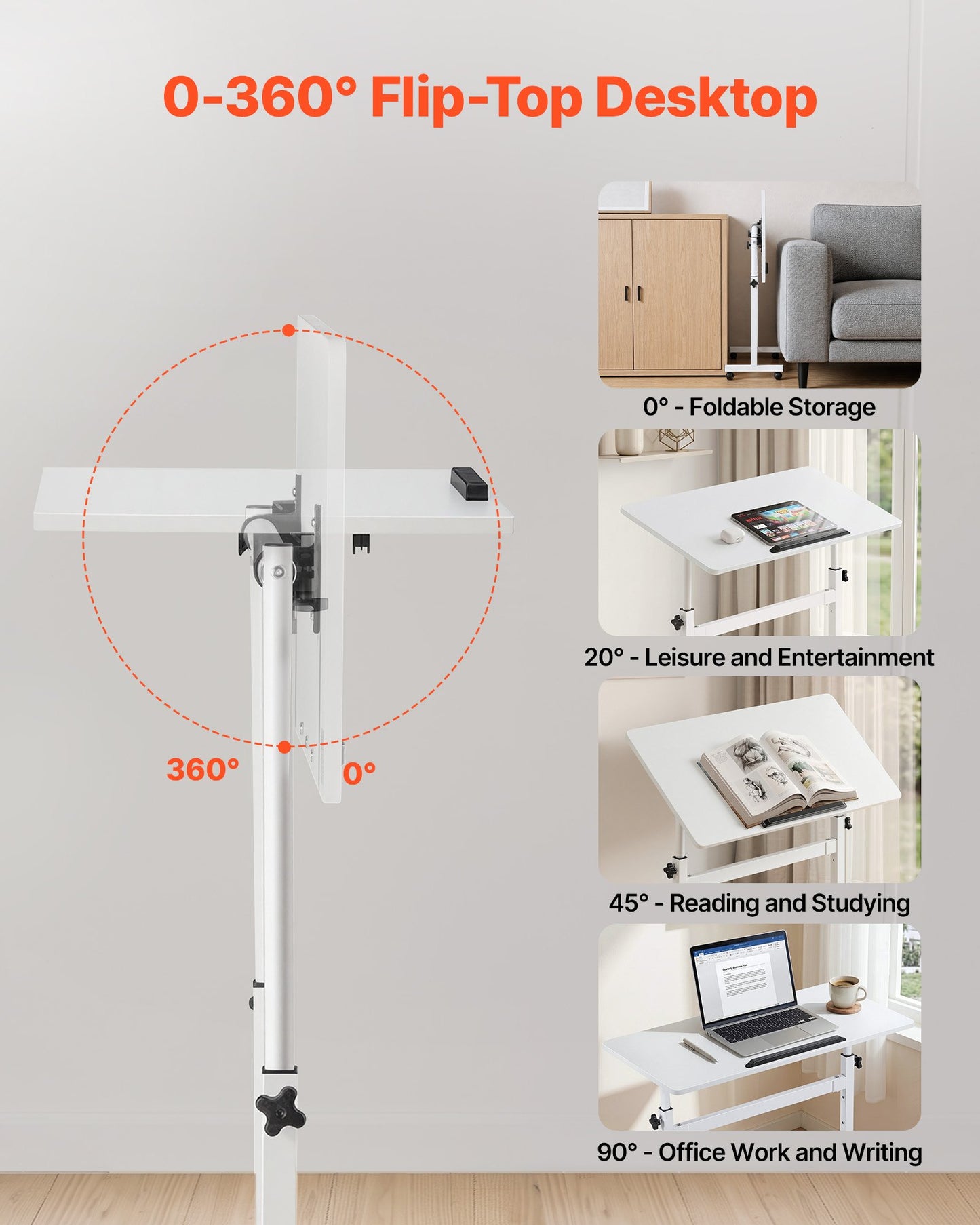 Standing Desk, Adjustable Height Mobile Stand Up Desk 360° Tilting Desktop, 810 x 410 mm Small Computer Sit Stand Rolling Workstation w/ Hook, Lockable Casters, 25 kg Capacity for Home Office