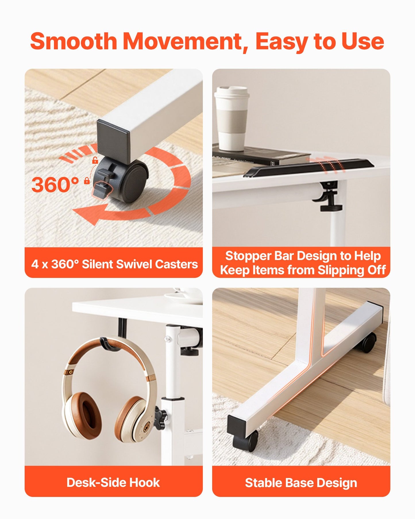 Standing Desk, Adjustable Height Mobile Stand Up Desk 360° Tilting Desktop, 810 x 410 mm Small Computer Sit Stand Rolling Workstation w/ Hook, Lockable Casters, 25 kg Capacity for Home Office