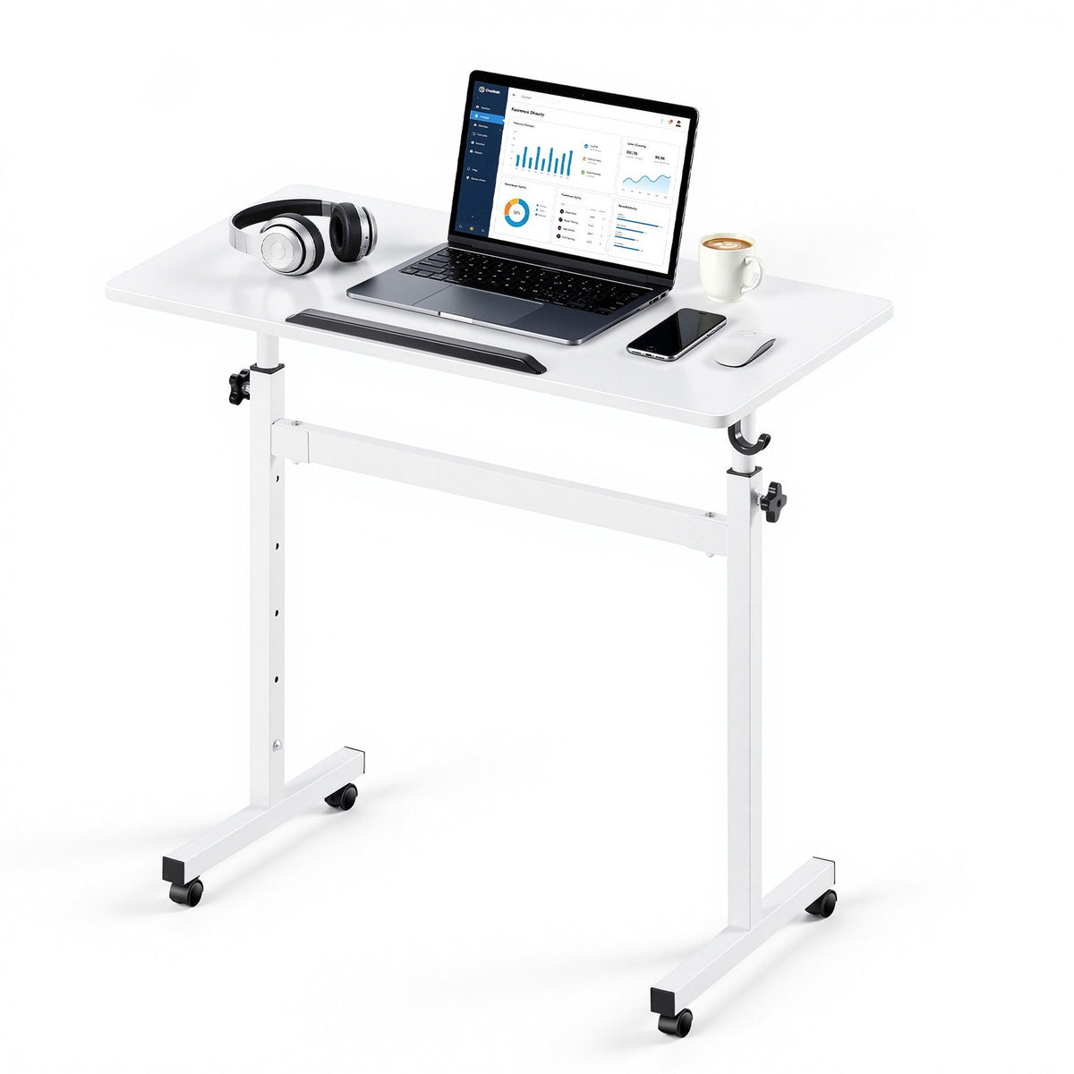 Standing Desk, Adjustable Height Mobile Stand Up Desk 360° Tilting Desktop, 810 x 410 mm Small Computer Sit Stand Rolling Workstation w/ Hook, Lockable Casters, 25 kg Capacity for Home Office