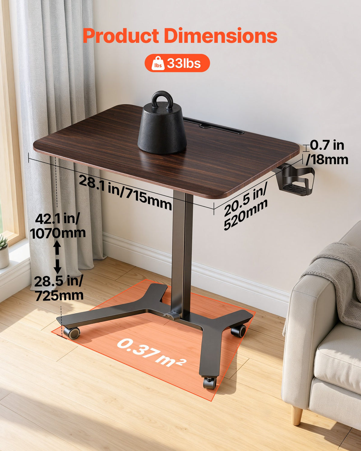 Standing Desk, Adjustable Height Mobile Stand Up Desk w/ Casters, 715 x 520 mm Small Computer Sit Stand Rolling Workstation w/ Hook, 15 kg Capacity, Foot Pedal Pneumatic Lift for Home Office