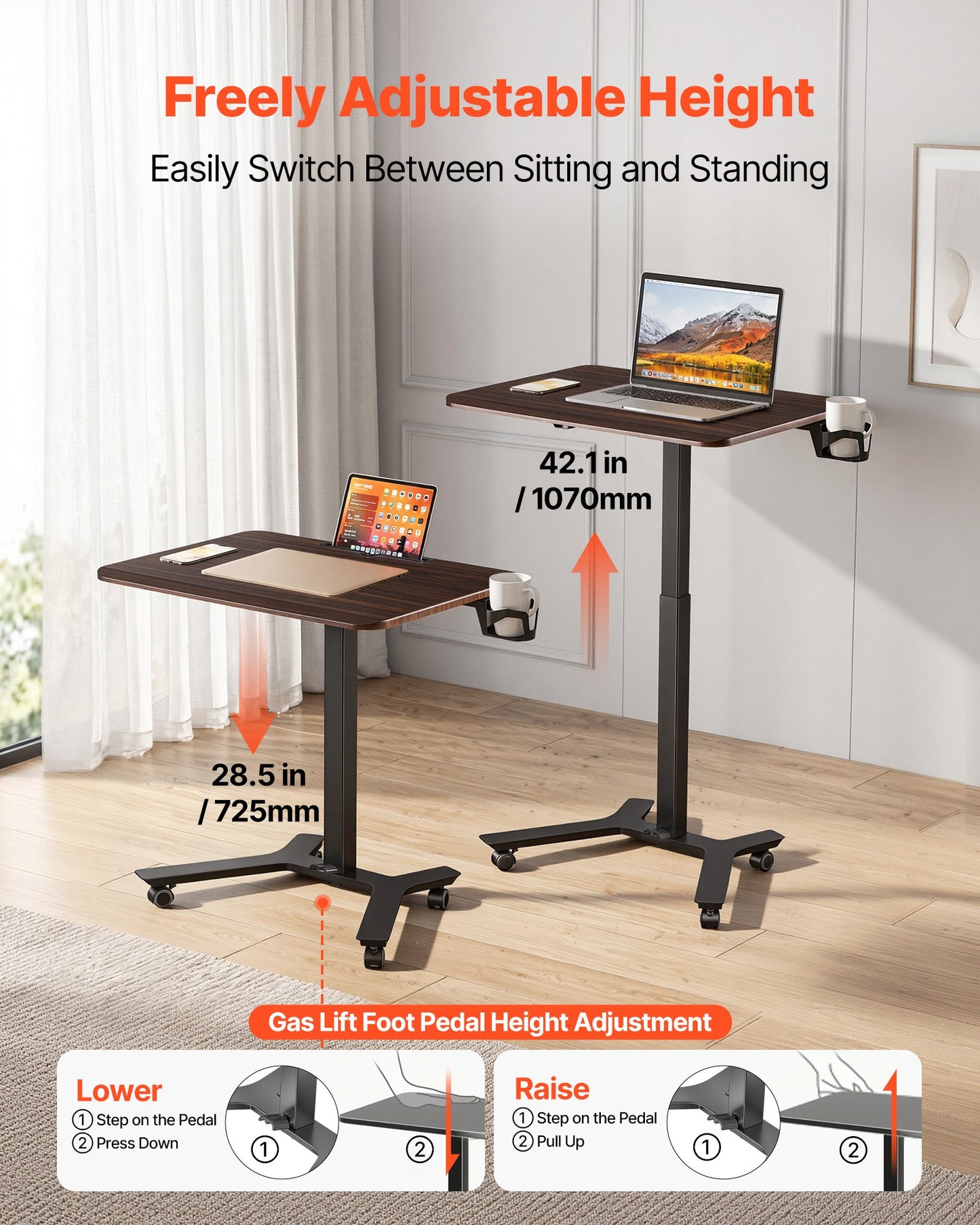 Standing Desk, Adjustable Height Mobile Stand Up Desk w/ Casters, 715 x 520 mm Small Computer Sit Stand Rolling Workstation w/ Hook, 15 kg Capacity, Foot Pedal Pneumatic Lift for Home Office
