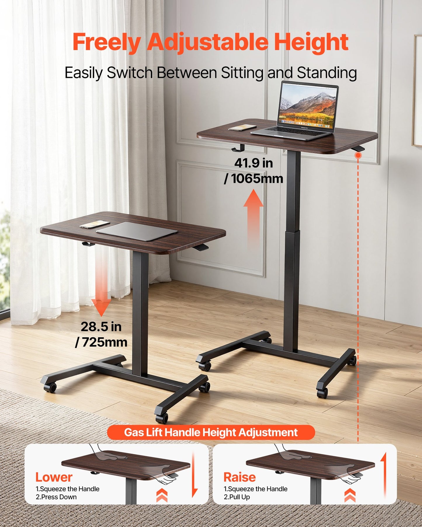 Standing Desk, Adjustable Height Mobile Stand Up Desk with 4 Casters, 650 x 480 mm Small Computer Sit Stand Rolling Workstation with Hook, 15 kg Desktop Capacity, Ideal for Home Office, Brown