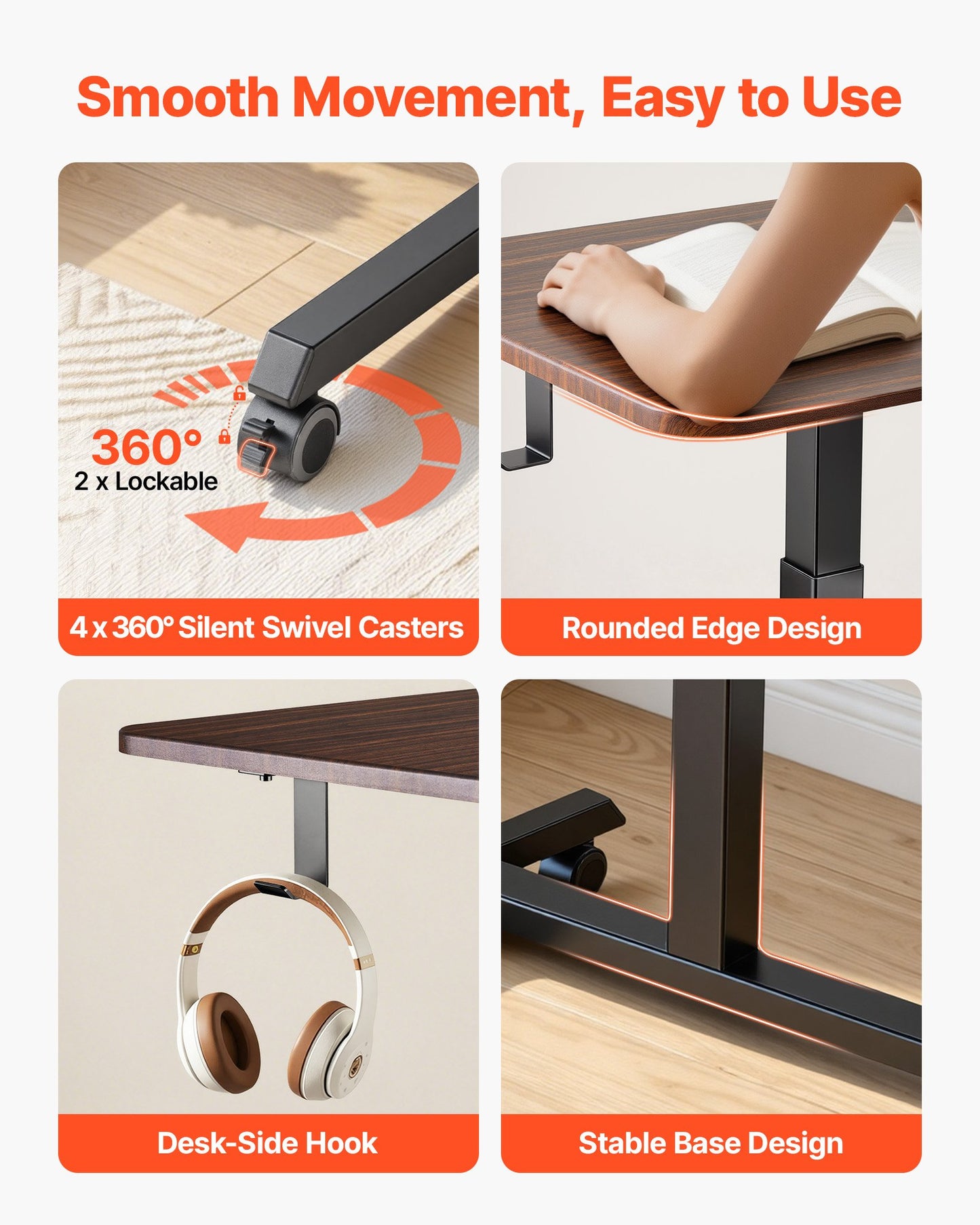 Standing Desk, Adjustable Height Mobile Stand Up Desk with 4 Casters, 650 x 480 mm Small Computer Sit Stand Rolling Workstation with Hook, 15 kg Desktop Capacity, Ideal for Home Office, Brown
