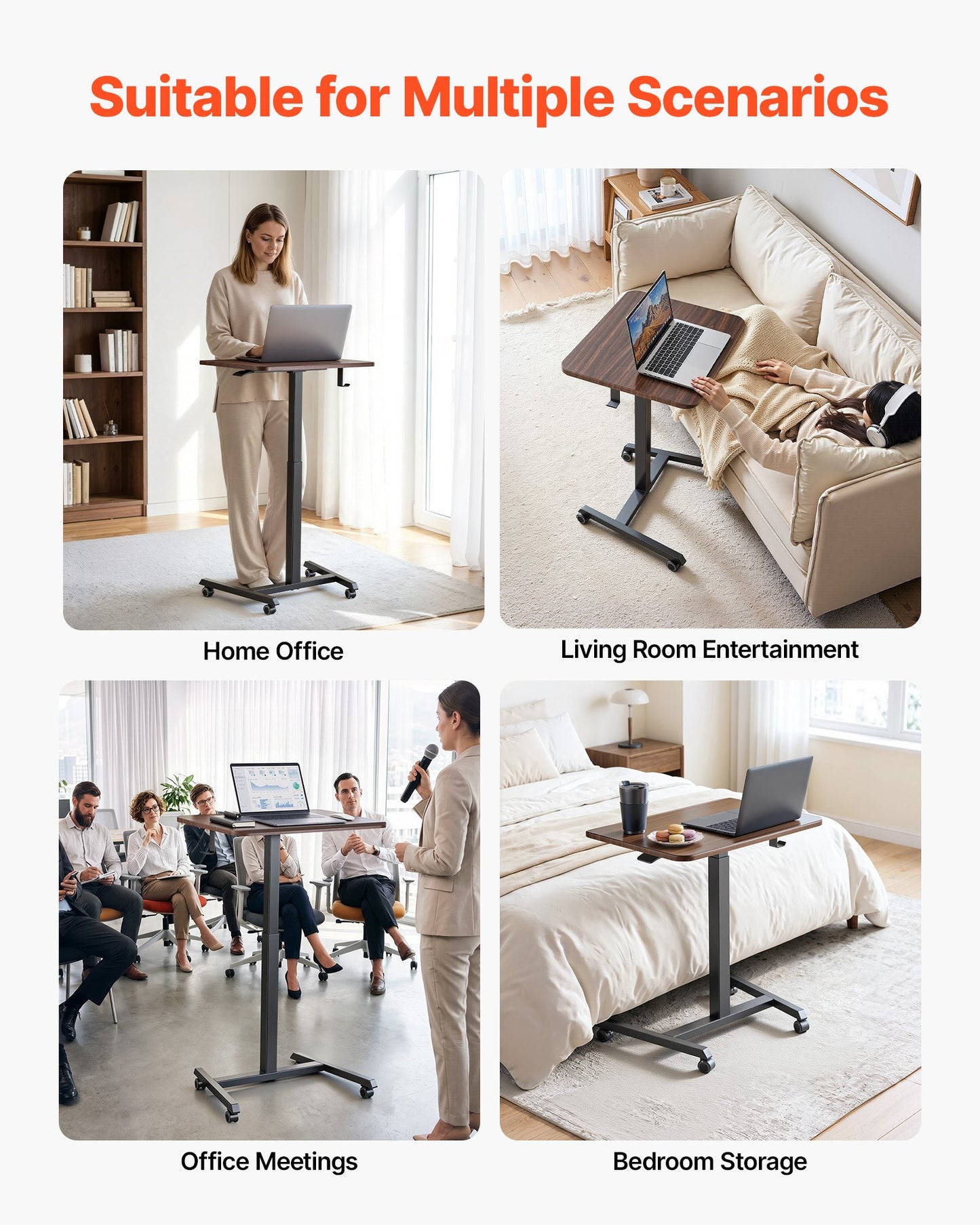 Standing Desk, Adjustable Height Mobile Stand Up Desk with 4 Casters, 650 x 480 mm Small Computer Sit Stand Rolling Workstation with Hook, 15 kg Desktop Capacity, Ideal for Home Office, Brown