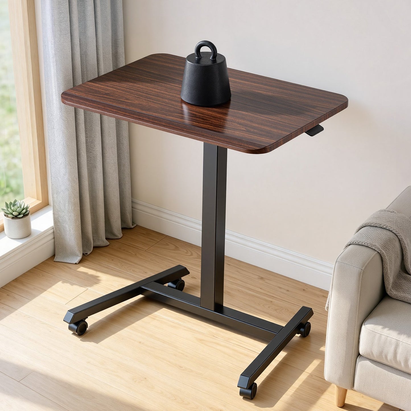 Standing Desk, Adjustable Height Mobile Stand Up Desk with 4 Casters, 650 x 480 mm Small Computer Sit Stand Rolling Workstation with Hook, 15 kg Desktop Capacity, Ideal for Home Office, Brown