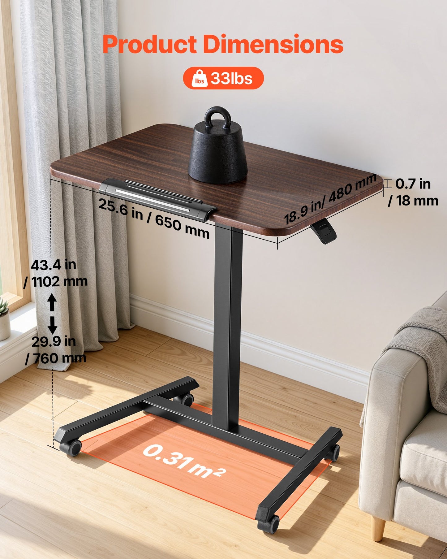Standing Desk, Adjustable Height Mobile Stand Up Desk with Tilting Desktop, 650 x 480 mm Small Computer Sit Stand Rolling Workstation with 4 Casters, 15 kg Capacity, Ideal for Home Office