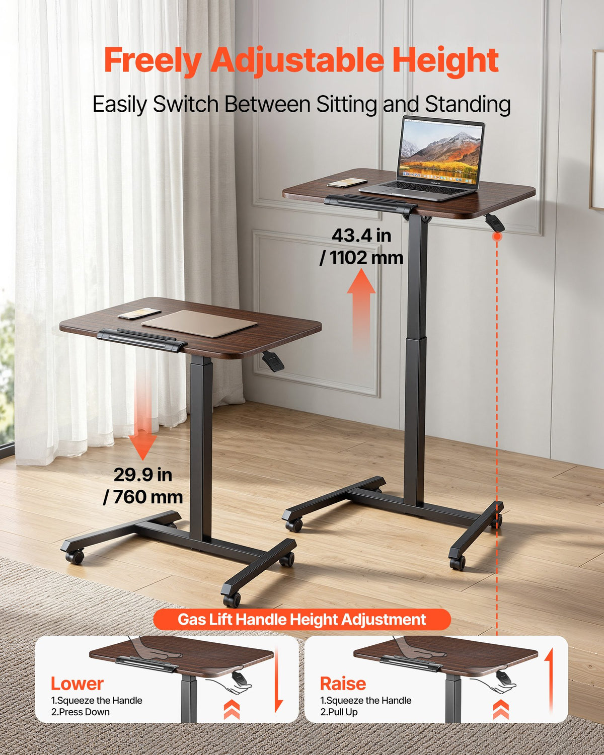 Standing Desk, Adjustable Height Mobile Stand Up Desk with Tilting Desktop, 650 x 480 mm Small Computer Sit Stand Rolling Workstation with 4 Casters, 15 kg Capacity, Ideal for Home Office