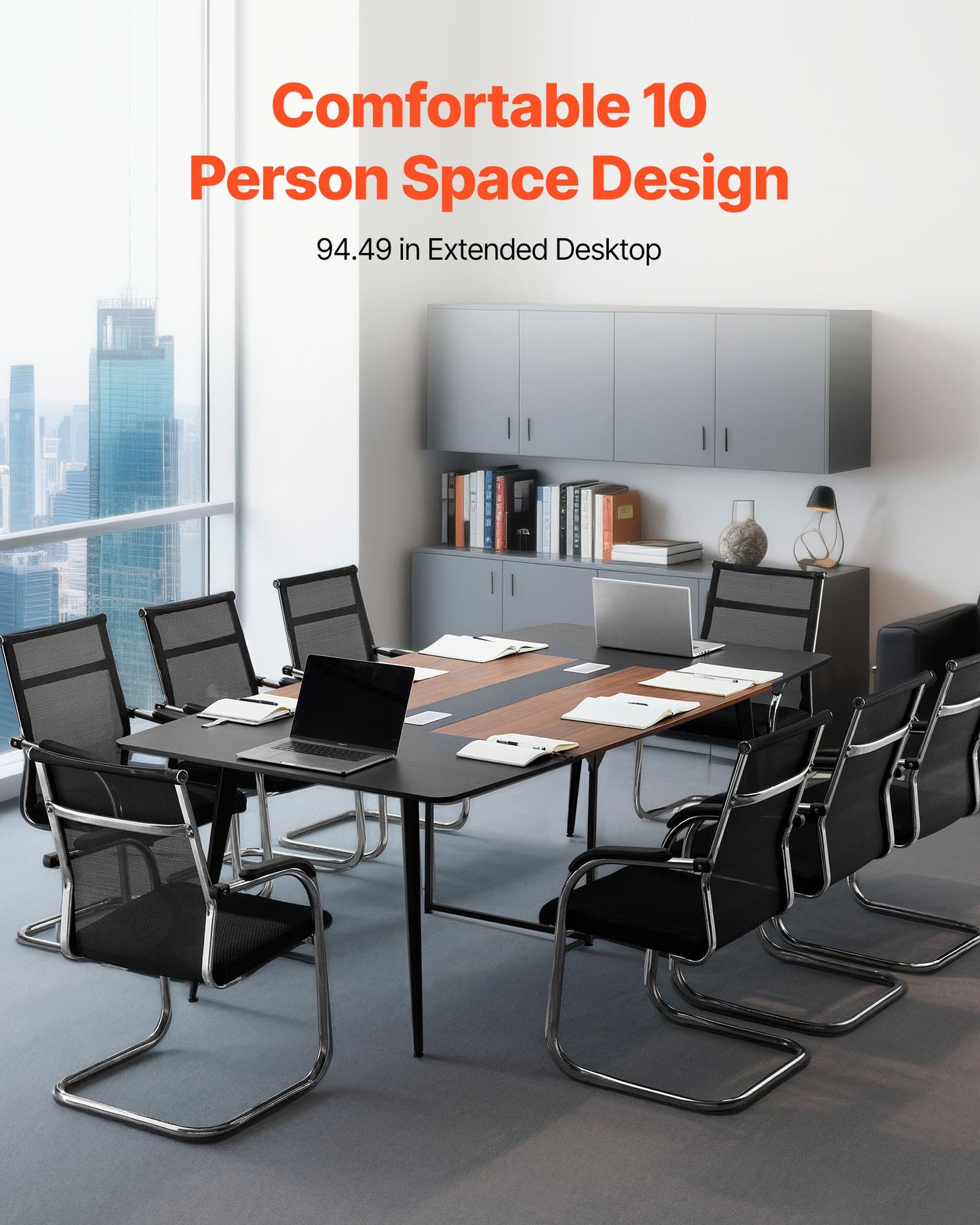 Conference Table, 2400 mm Boat Shaped Office Meeting Table for 10 Person, Modern Large Boat Meeting Desk with Metal Legs, for Office, Boardroom, Conference Room, Easy Assembly, Black & Brown