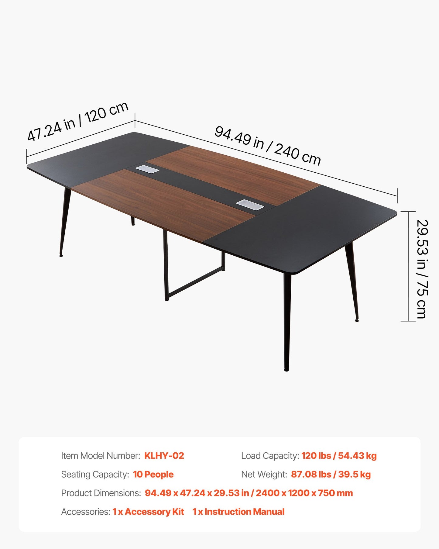 Conference Table, 2400 mm Boat Shaped Office Meeting Table for 10 Person, Modern Large Boat Meeting Desk with Metal Legs, for Office, Boardroom, Conference Room, Easy Assembly, Black & Brown