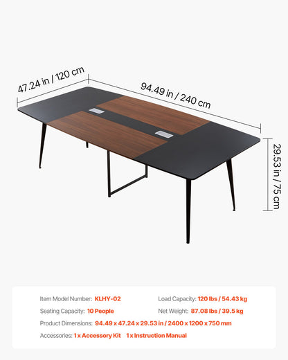 Conference Table, 2400 mm Boat Shaped Office Meeting Table for 10 Person, Modern Large Boat Meeting Desk with Metal Legs, for Office, Boardroom, Conference Room, Easy Assembly, Black & Brown