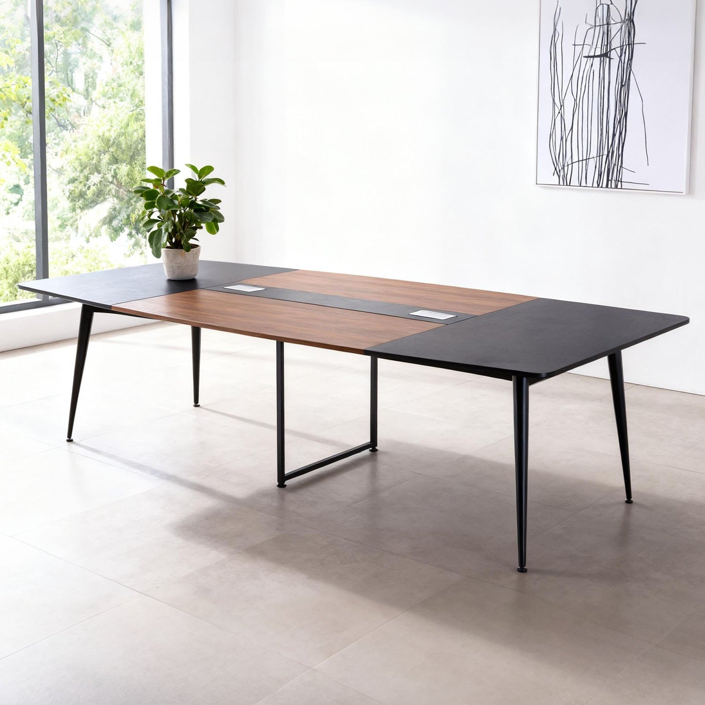 Conference Table, 2400 mm Boat Shaped Office Meeting Table for 10 Person, Modern Large Boat Meeting Desk with Metal Legs, for Office, Boardroom, Conference Room, Easy Assembly, Black & Brown