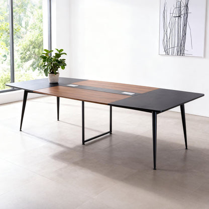 Conference Table, 2400 mm Boat Shaped Office Meeting Table for 10 Person, Modern Large Boat Meeting Desk with Metal Legs, for Office, Boardroom, Conference Room, Easy Assembly, Black & Brown
