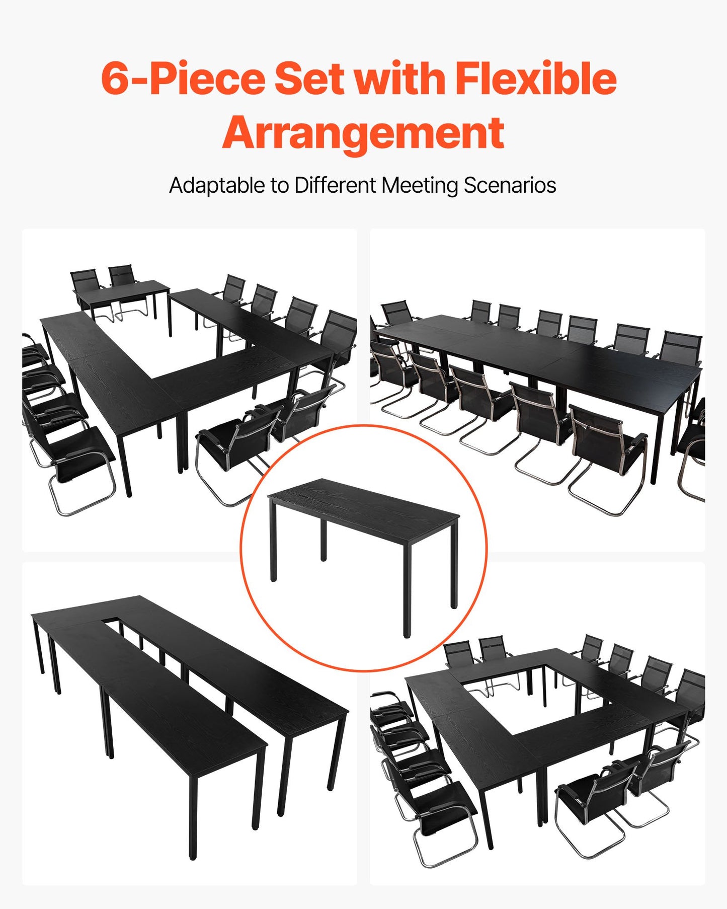 Conference Table, Set of 6, 1400 mm Office Meeting Table for 16 Person, Flexible Combination Desk Set, Modern Rectangle Meeting Desk with Metal Legs for Office, Conference Room, Easy Assembly