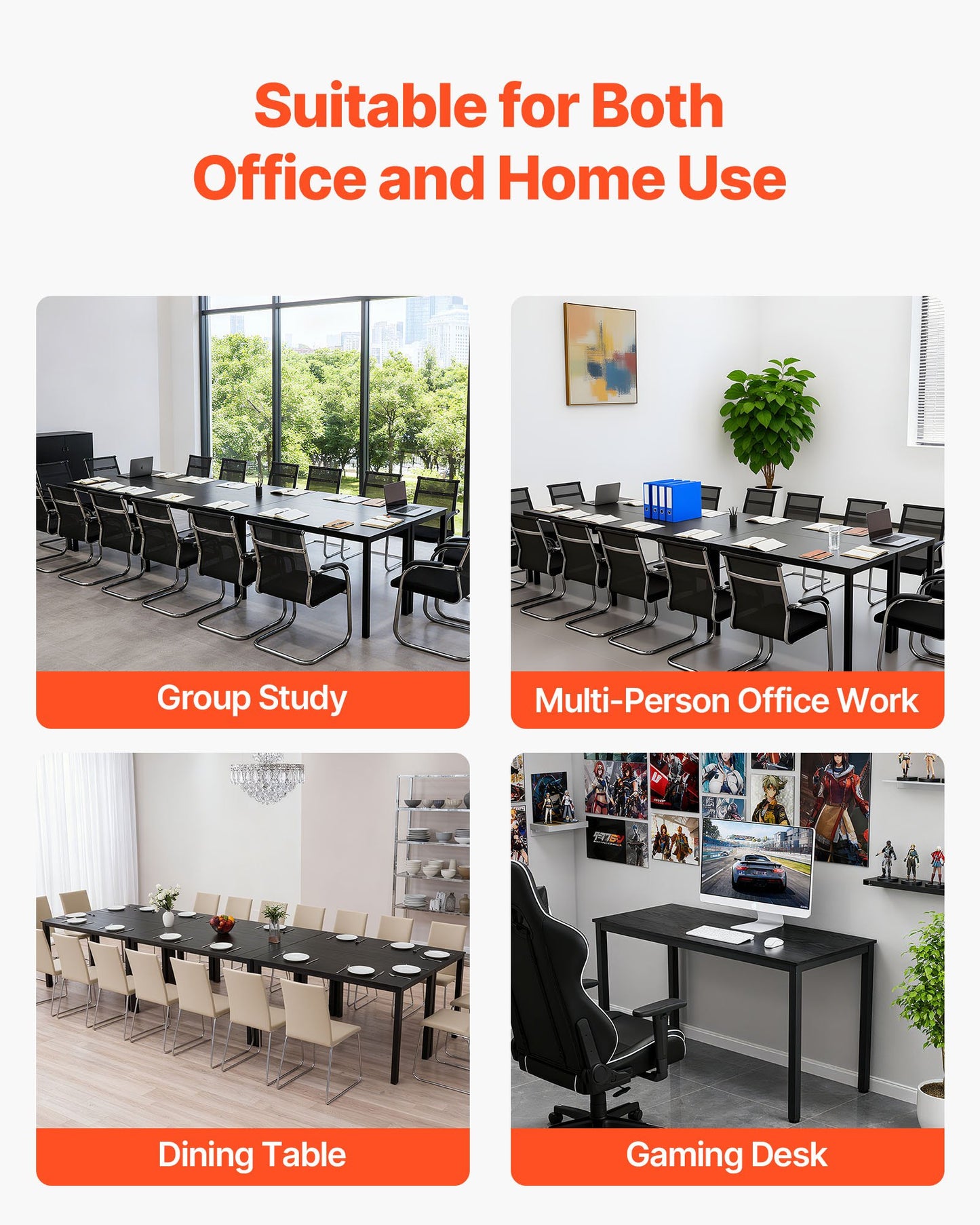 Conference Table, Set of 6, 1400 mm Office Meeting Table for 16 Person, Flexible Combination Desk Set, Modern Rectangle Meeting Desk with Metal Legs for Office, Conference Room, Easy Assembly