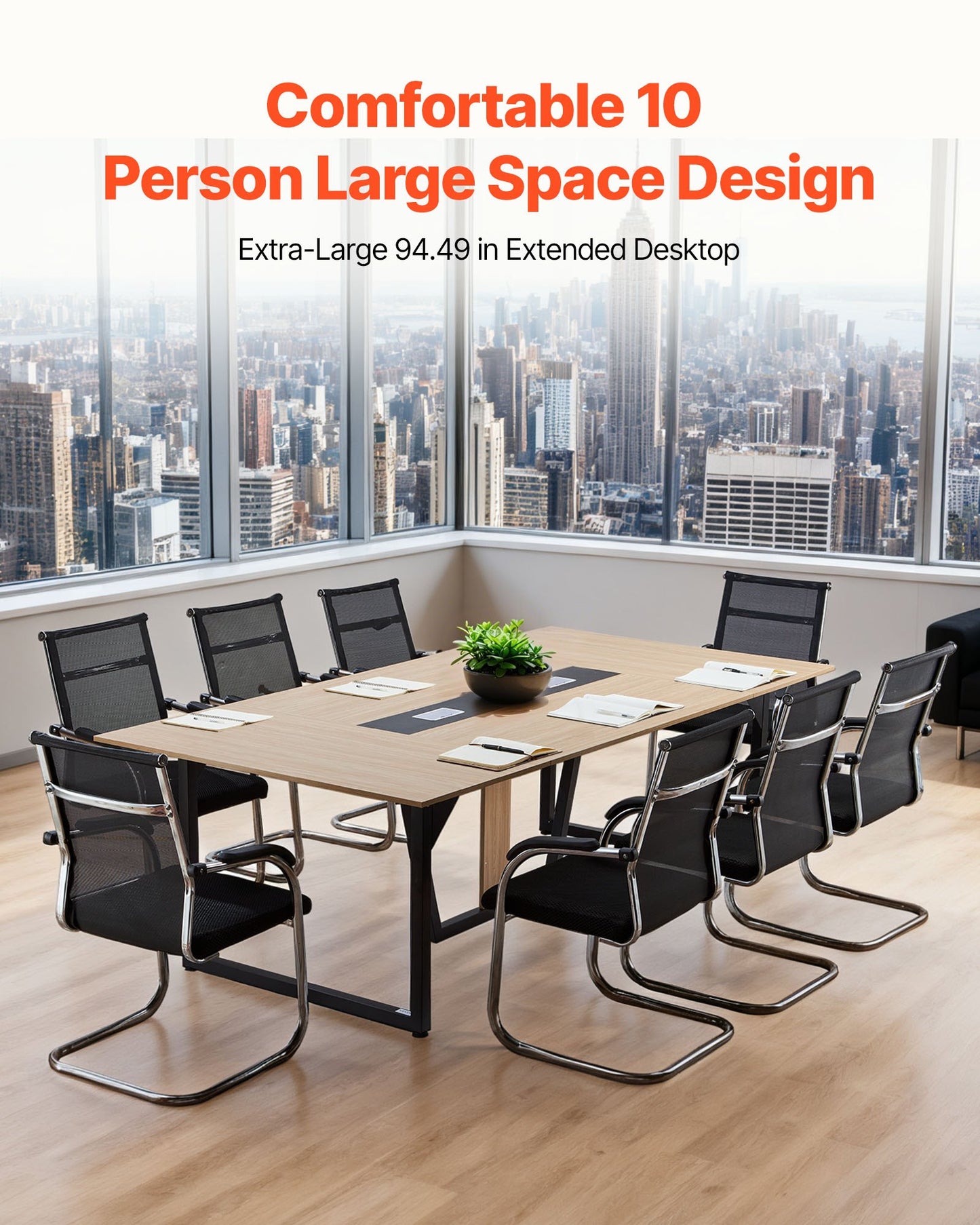 Conference Table, 2400 mm Office Meeting Table for 10 Person, Modern Rectangle Seminar Desk with Metal Legs, Large Meeting Desk Ideal for Office, Boardroom, Conference Room, Easy Assembly, Brown