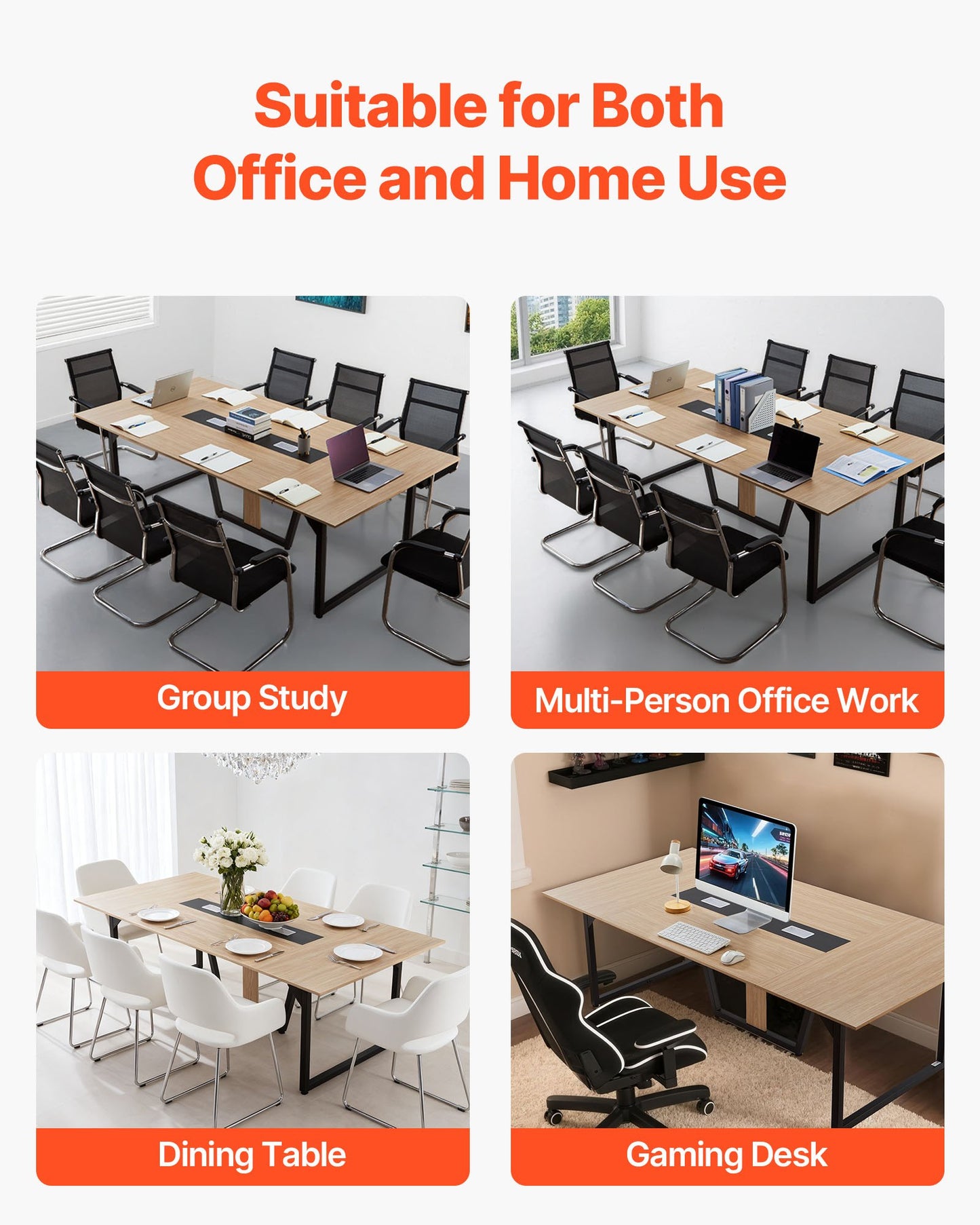 Conference Table, 2400 mm Office Meeting Table for 10 Person, Modern Rectangle Seminar Desk with Metal Legs, Large Meeting Desk Ideal for Office, Boardroom, Conference Room, Easy Assembly, Brown