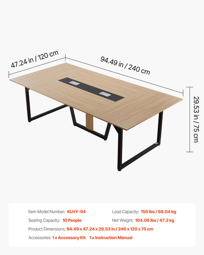 Conference Table, 2400 mm Office Meeting Table for 10 Person, Modern Rectangle Seminar Desk with Metal Legs, Large Meeting Desk Ideal for Office, Boardroom, Conference Room, Easy Assembly, Brown