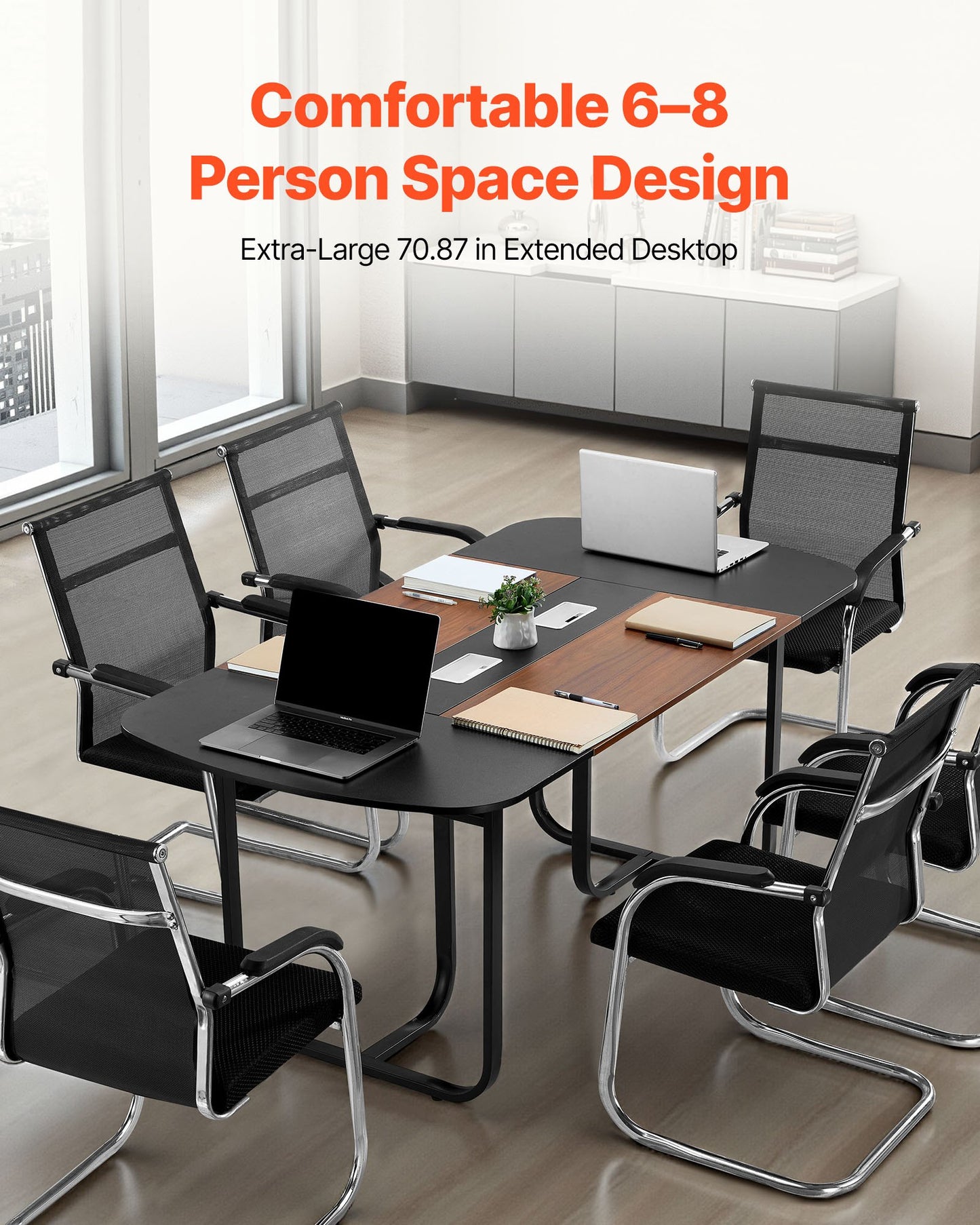 Conference Table, 1800 mm Oval Office Meeting Table for 6-8 Person, Modern Seminar Desk with Metal Legs, Large Meeting Desk for Office, Boardroom, Conference Room, Easy Assembly, Black & Brown