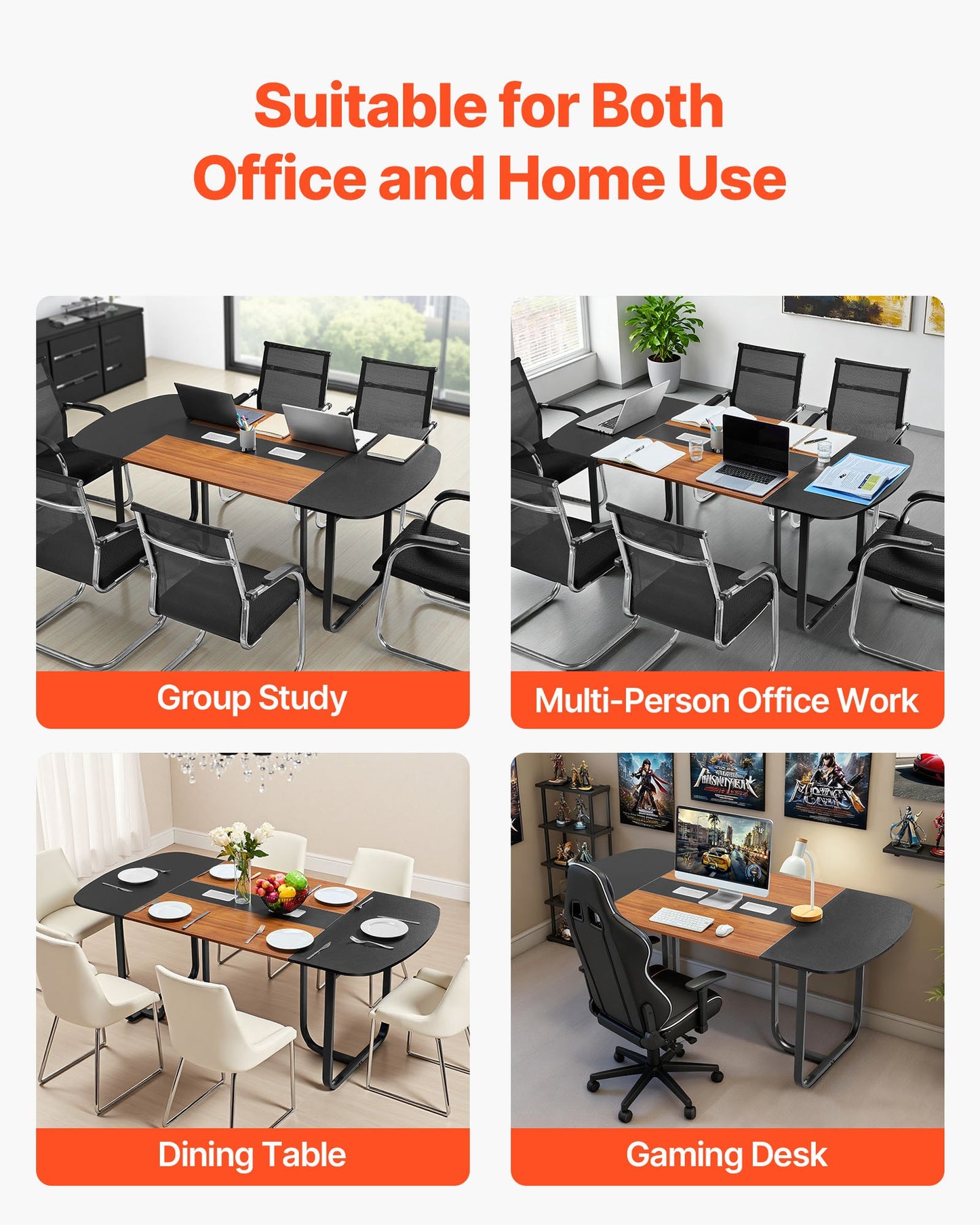 Conference Table, 1800 mm Oval Office Meeting Table for 6-8 Person, Modern Seminar Desk with Metal Legs, Large Meeting Desk for Office, Boardroom, Conference Room, Easy Assembly, Black & Brown