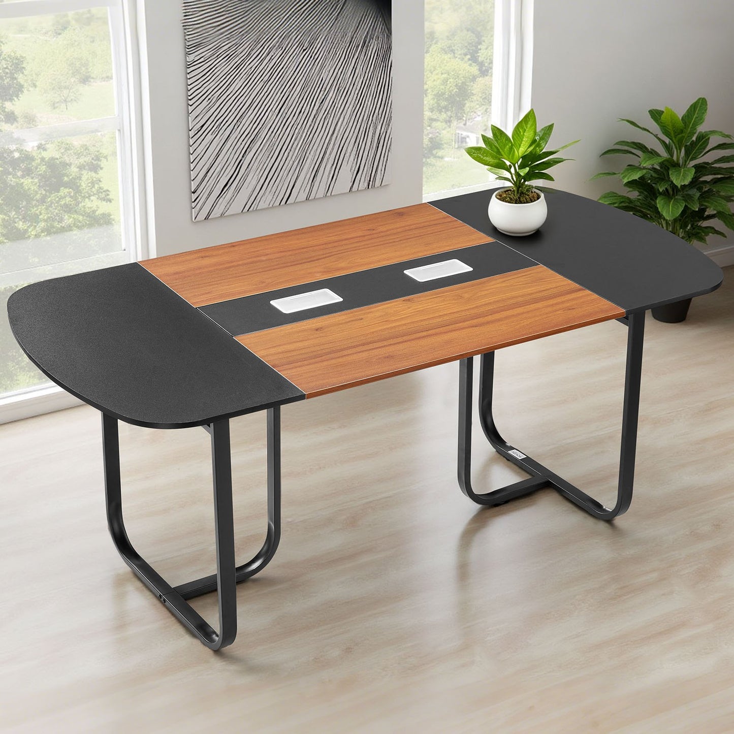 Conference Table, 1800 mm Oval Office Meeting Table for 6-8 Person, Modern Seminar Desk with Metal Legs, Large Meeting Desk for Office, Boardroom, Conference Room, Easy Assembly, Black & Brown