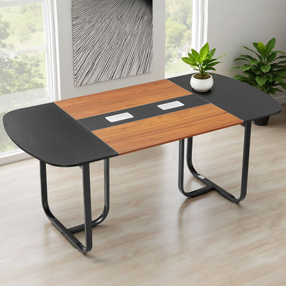 Conference Table, 1800 mm Oval Office Meeting Table for 6-8 Person, Modern Seminar Desk with Metal Legs, Large Meeting Desk for Office, Boardroom, Conference Room, Easy Assembly, Black & Brown
