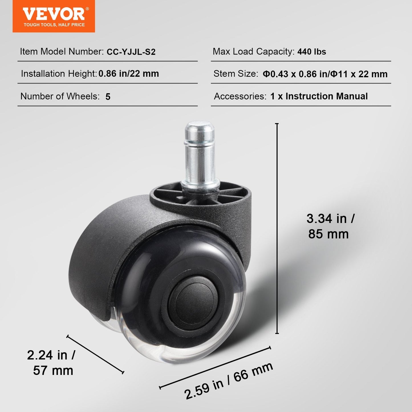Heavy Duty Office Chair Caster Wheels, Set of 5, 50 mm, 200 kg Capacity