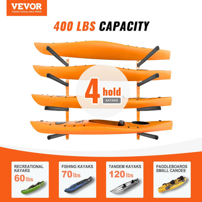 4-Capacity Wall Mounted Kayak Rack with Adjustable Padded Arms, 181.6 kg Load