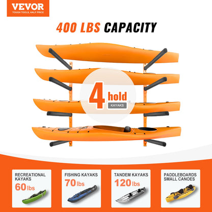 VEVOR Wall Kayak Storage Rack, 4-Capacity Wall Mounted Kayak Holders for Kayak Canoe