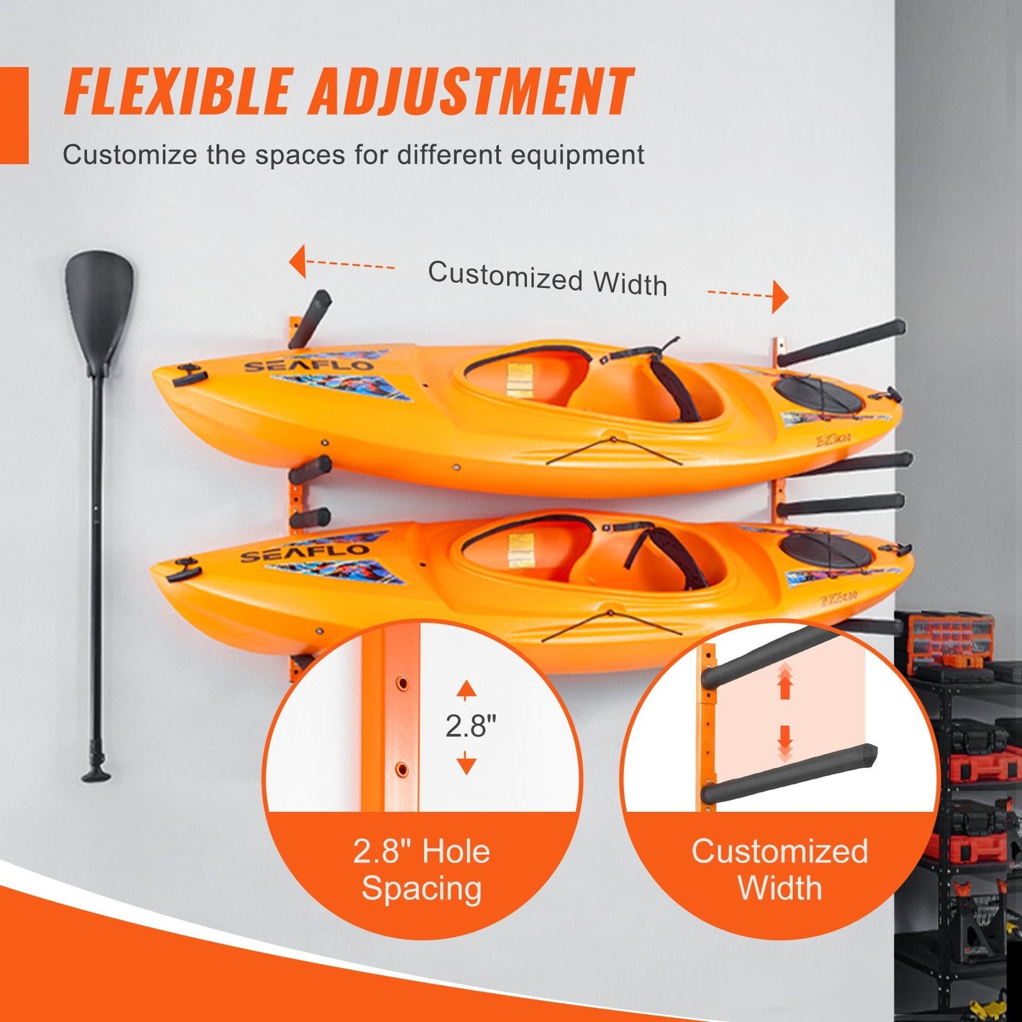 4-Capacity Wall Mounted Kayak Rack with Adjustable Padded Arms, 181.6 kg Load