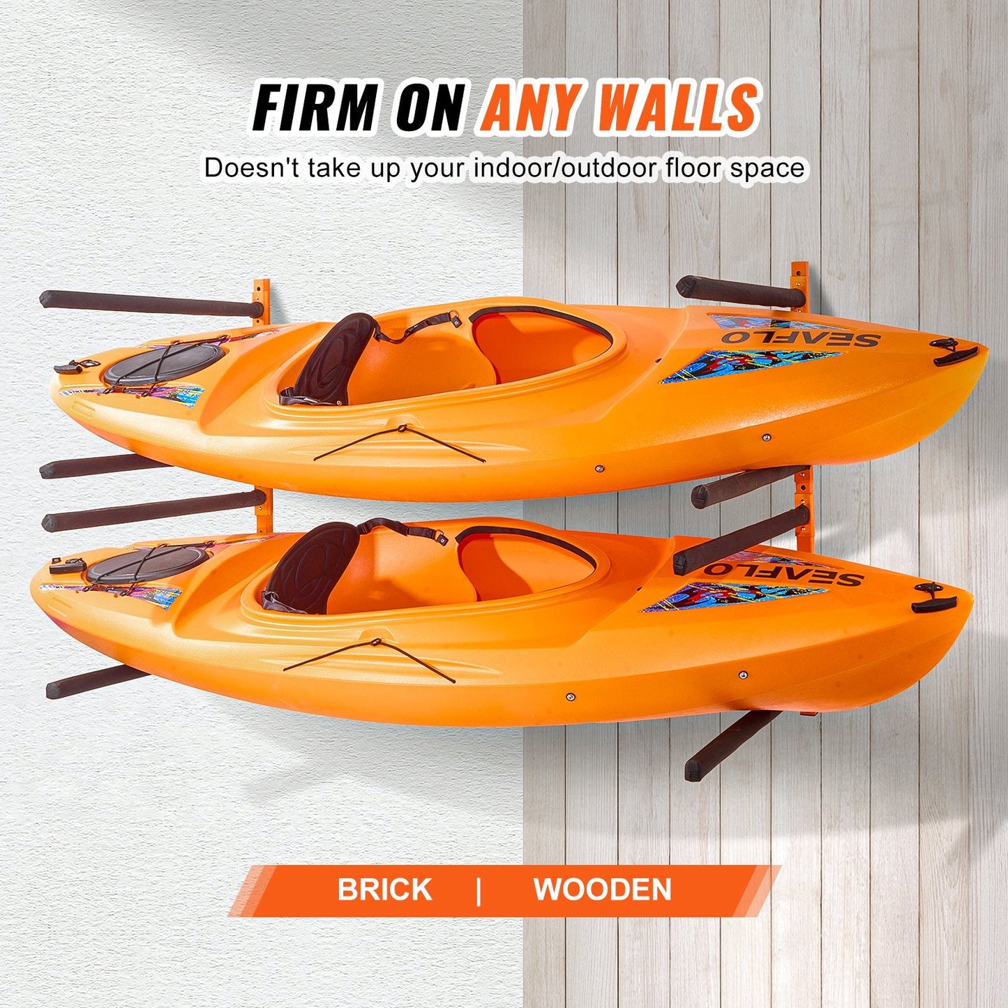 4-Capacity Wall Mounted Kayak Rack with Adjustable Padded Arms, 181.6 kg Load