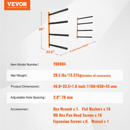 4-Capacity Wall Mounted Kayak Rack with Adjustable Padded Arms, 181.6 kg Load