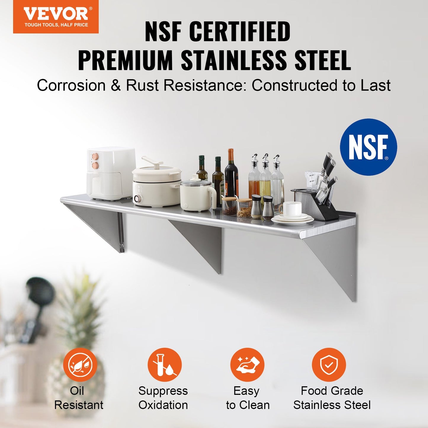 VEVOR 18" x 72" Stainless Steel Shelf, Wall Mounted Floating Shelving with Brackets,