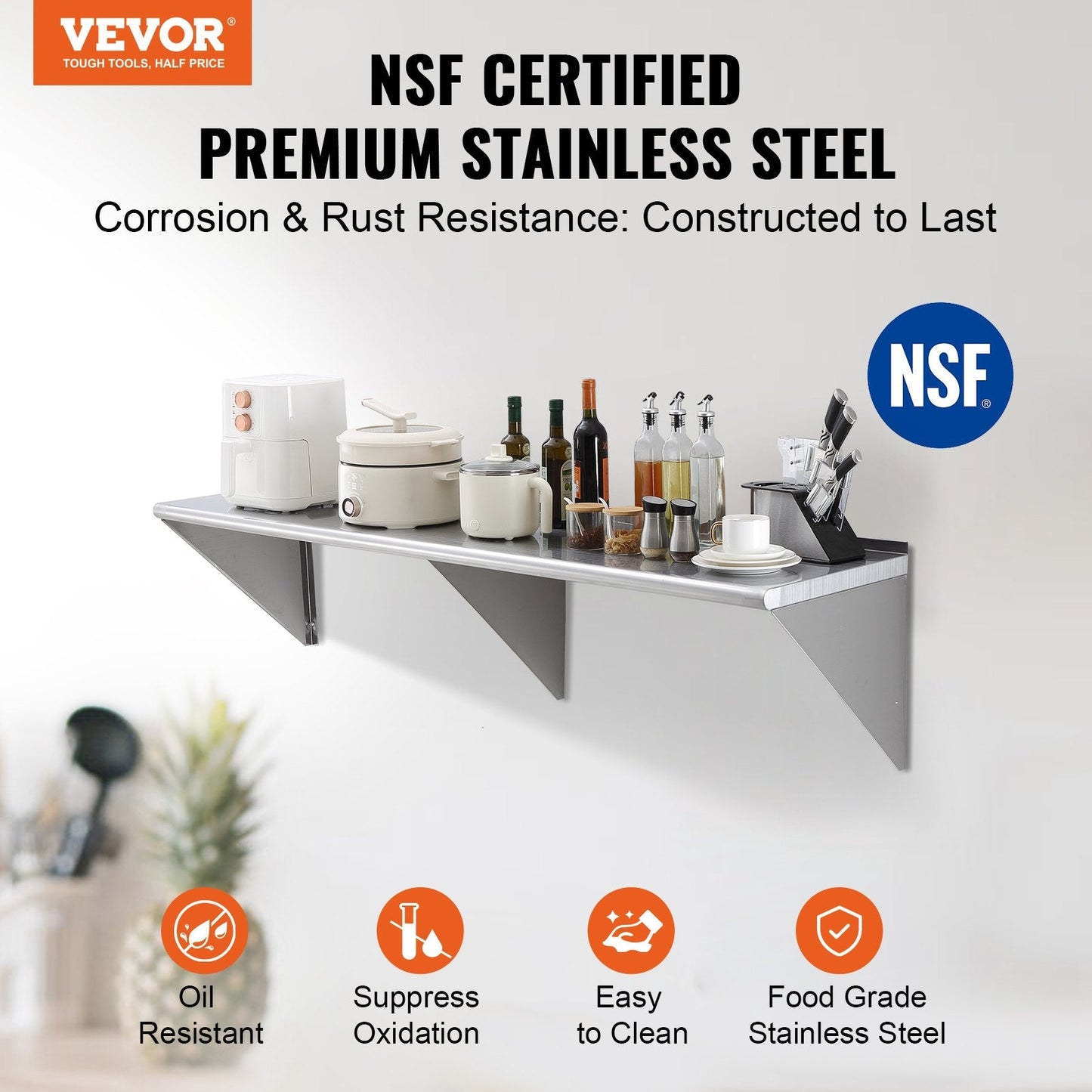 Stainless Steel Wall Shelf 0.45m x 1.83m, 226kg Capacity, for Kitchen & Restaurant Use